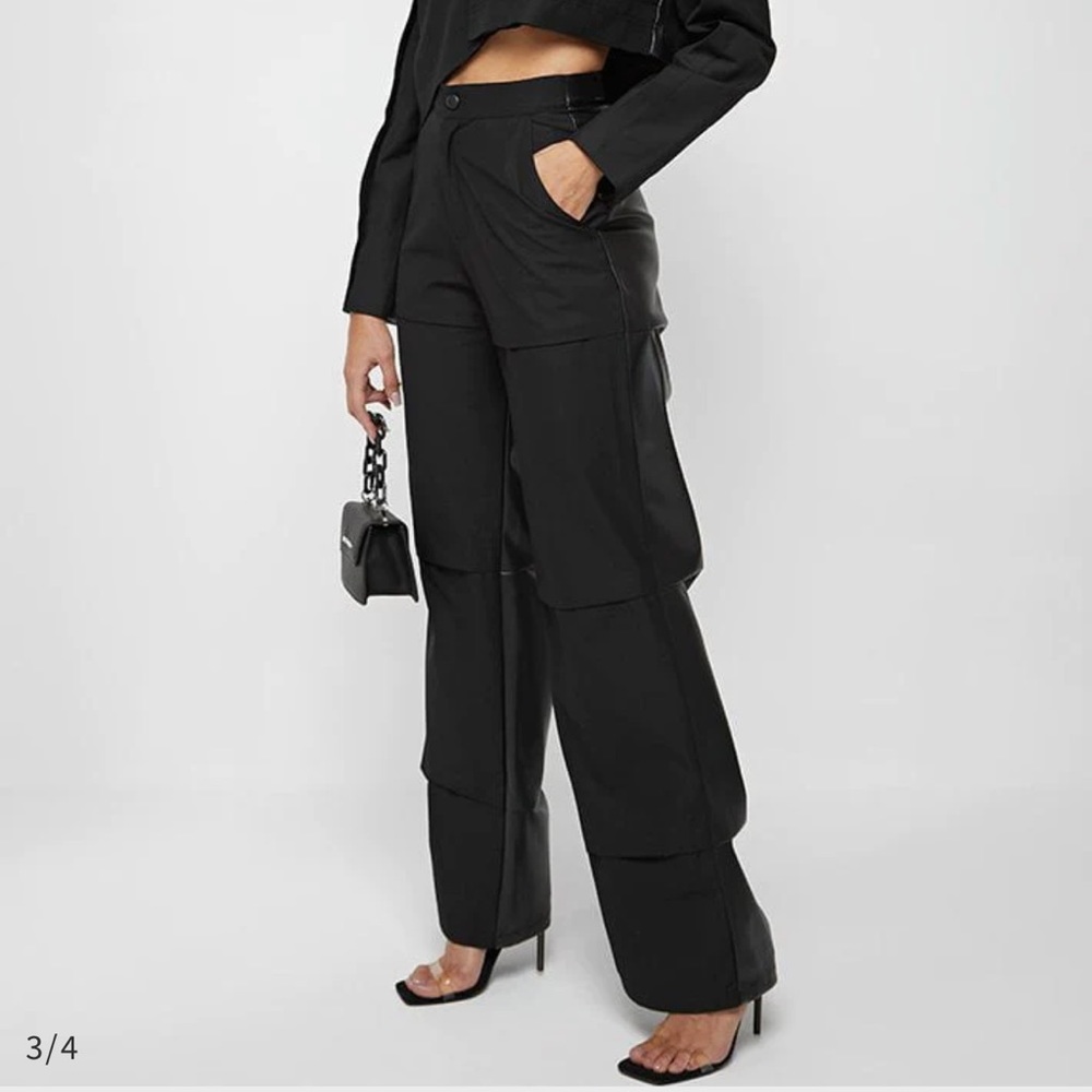 NWT Maniere De Voir Woven & Vegan Leather Wide Leg Trousers
